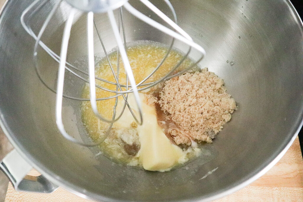 butter, sugar, brown sugar, vanilla in kitchenaide mixer