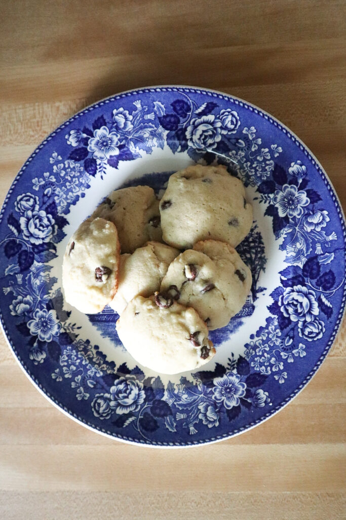 chocolate chip cookies on an antique plate