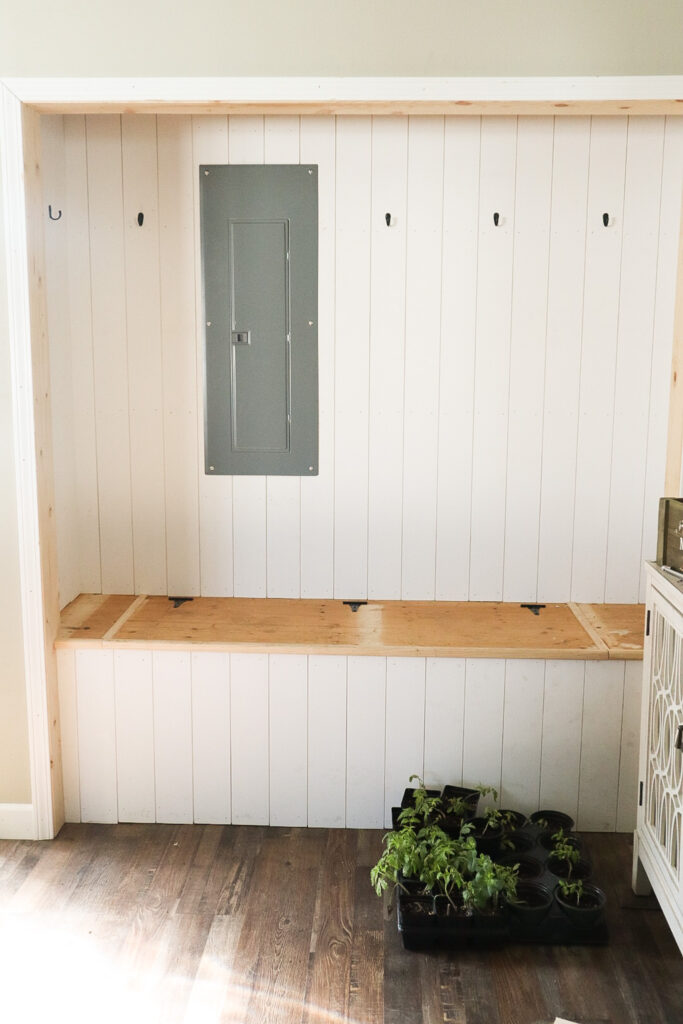 Coat closet with shiplap